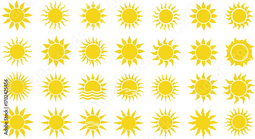 Diverse Yellow Sun Icons on White Background symbol