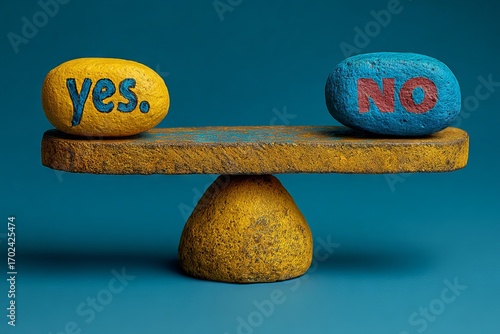 A scale with two rocks on it, one of which says yes and the other no