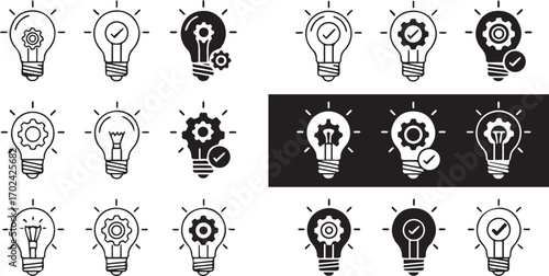 Lightbulb Icons with Gears and Checkmarks for Innovation