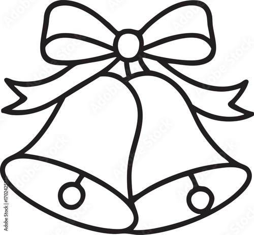 Black and white vector of two festive bells tied with ribbon perfect for Christmas, weddings, and celebratory design projects