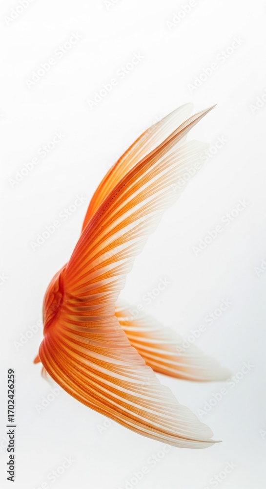 Obraz premium Close-up view of the graceful tail fin of a goldfish in vibrant orange and white, highlighting its flowing lines and delicate structure with elegant color palette and clean backdrop