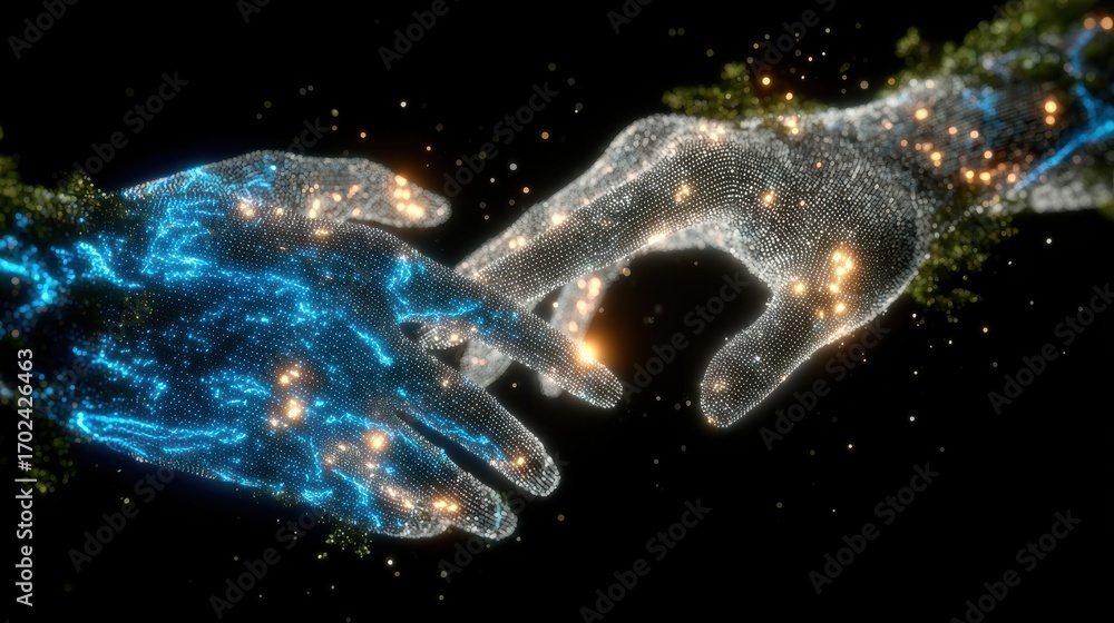 Obraz premium Artificial intelligence hands touching with digital data technology, concept on a blue background for future tech or business
