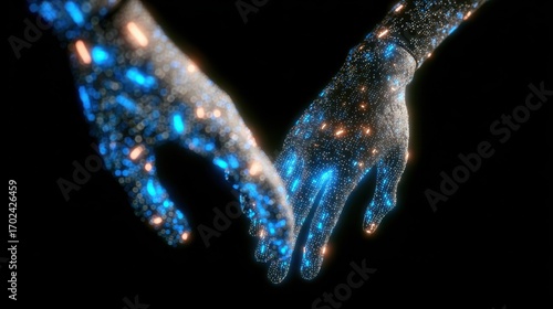 Artificial intelligence hands touching with digital data technology, concept on a blue background for future tech or business