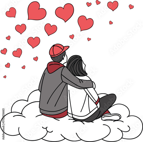 Romantic couple sitting on fluffy clouds under a starry sky illustration