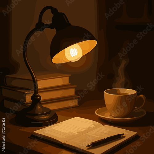 Cozy workspace with a lamp, notebook, and coffee cup on a wooden table in warm lighting
