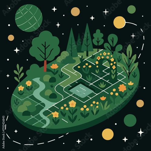 Whimsical green landscape illustration featuring pathways, plants, and celestial elements on a dark background