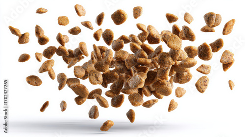 Dynamic capture of dry cat food pieces flying from a bowl, isolated cleanly on a white background with clipping path