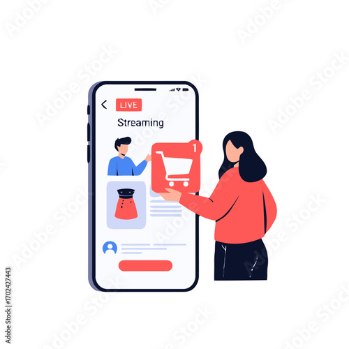 Woman holding shopping cart icon on live streaming