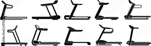 Modern treadmill silhouette icons set, fitness equipment collection, gym workout machines, exercise tools, running machine vector illustrations
