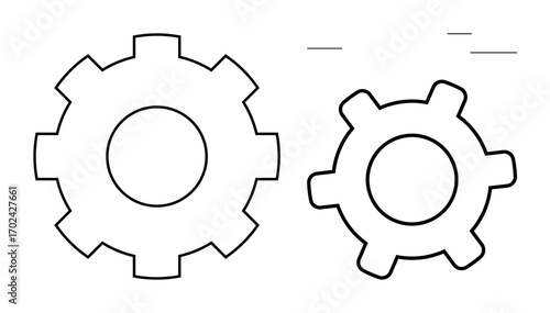 Two outlined gears, one large and one small, symbolizing coordination, efficiency, and partnership. Ideal for teamwork, mechanics, industry, precision support cooperation flat simple metaphor