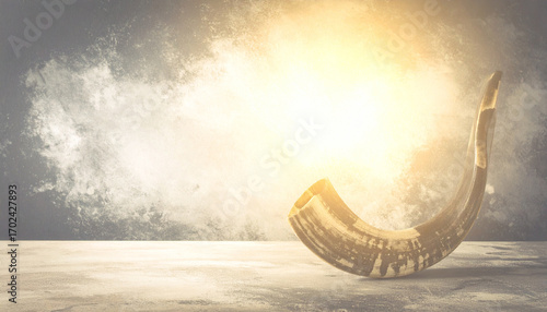 Shofar Horn Silhouette with Golden Backlight. Yom Kippur concept. Generated Image