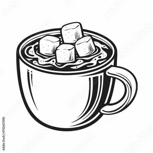 Monochrome line art illustration of a comforting mug of hot chocolate topped with fluffy marshmallows, isolated on white