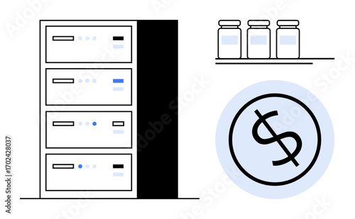 Server rack linked to healthcare finance concept with vials and currency sign. Ideal for technology, healthcare, finance, pharmaceutical, data analysis, cloud computing, business concepts, simple