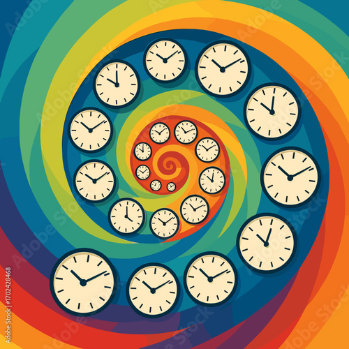 Colorful spiral design featuring multiple clocks representing the concept of time on a vibrant background