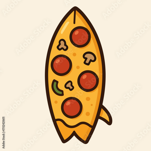 Playful pizza slice shaped like a surfboard with toppings illustrated in a fun design