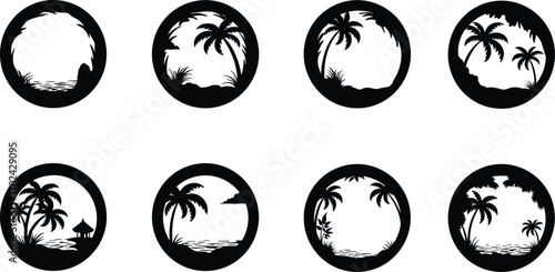 Black silhouette tropical beach round frame vector set featuring palm trees, ocean waves, huts, islands, and scenic summer vacation tropical designs.