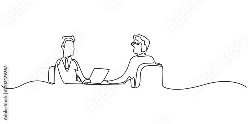 Job interview - vector modern simple one continuous line design composition with recruiter and candidate. Minimalist vector illustration sketch drawing, talking at the table, Job Interview continuous.