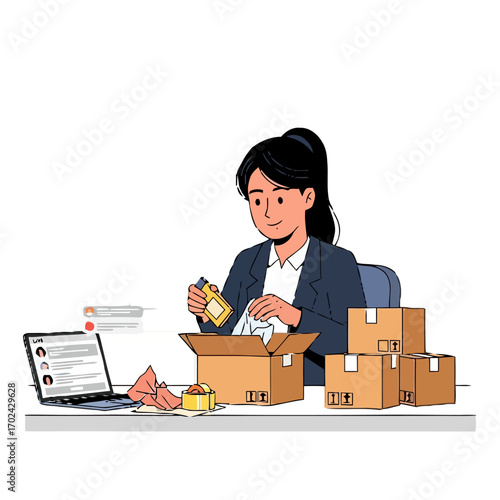 Woman packing product into cardboard box