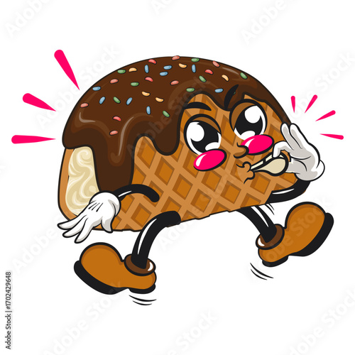 cute choco taco ice cream mascot character vector illustration blowing the whistle, work of hand drawn