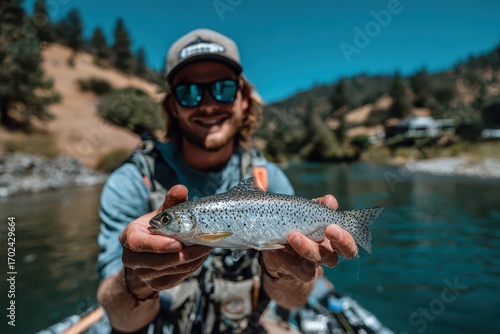 Happy angler proudly displays a freshly caught trout on a sunny river day, enjoying nature.