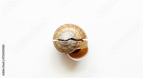 The broken snail shell on a white background, symbolizing fragility and vulnerability, capturing the delicate texture and pattern of nature's design. The contrast between resilience and fragility ,