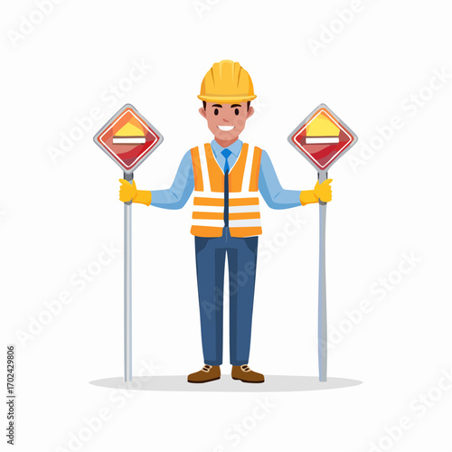 Smiling Construction Worker Holding Two Road Work Ahead Signs with Yellow Hard Hat