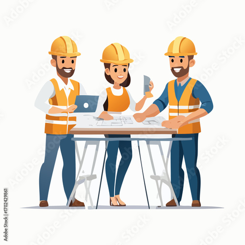 Team of Architects Collaborating on Blueprints with Safety Helmets