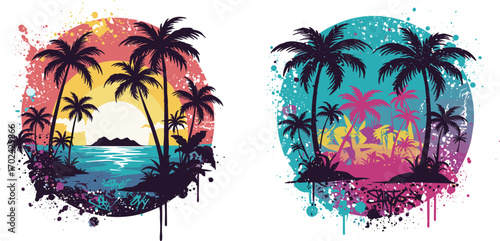 Colorful tropical sunset vector illustration with palm trees, ocean, island silhouettes, vibrant graffiti paint splatter background, and artistic summer beach vibes design.