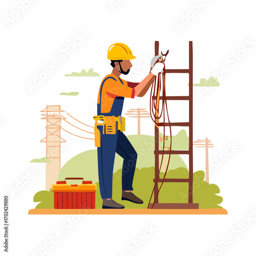 Electrician ascending ladder with safety harness and toolbox in stylized vector illustration