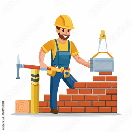 Cartoon Bricklayer Constructing a Wall with Pickaxe and Hoisted Bricks