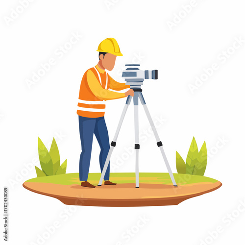 Surveyor in Hardhat Using Theodolite on Small Patch of Land Illustration