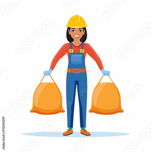 Smiling Female Sanitation Worker Holding Two Full Waste Bags