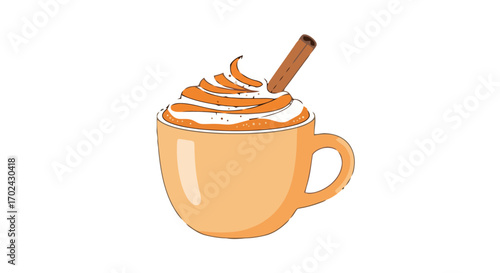 Pumpkin spice latte with whipped cream and cinnamon stick on white