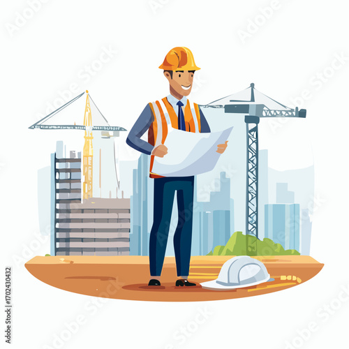 Architect Inspecting Blueprints on Construction Site with Cranes and Buildings