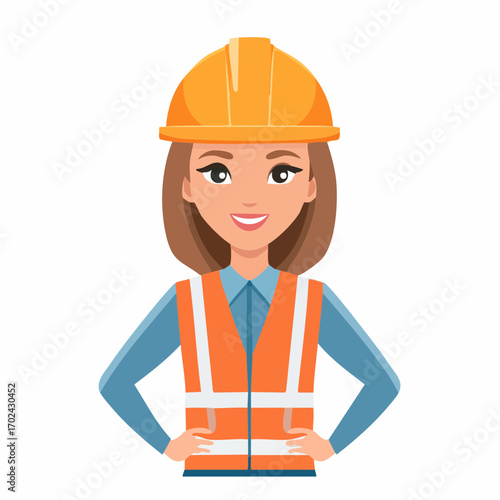 Smiling female construction worker in orange safety vest and hard hat
