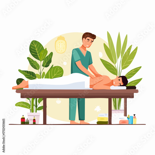 Friendly Therapist Giving a Relaxing Back Massage in a Peaceful Spa