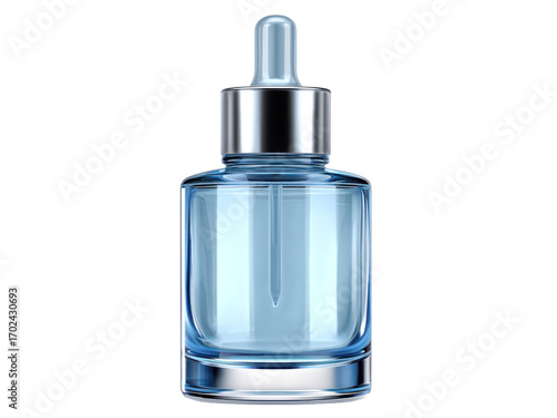 Clear glass dropper bottle light blue liquid silver cap serum image, Isolated On Png Transparent Background