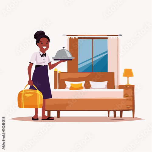 Hotel Room Service Smiling Waitress Delivering Meal to Guests Bed