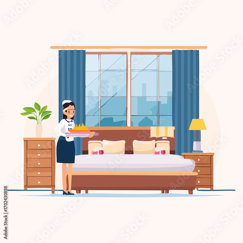Hotel Maid Carrying Tray of Food in a Stylish Bedroom Setting