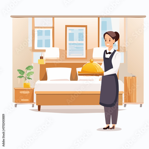 Hotel Room Service Attendant with Golden Tray