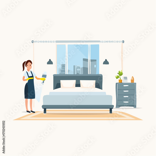 Bedroom Cleaning A Woman Spraying Disinfectant in a Modern Bedroom