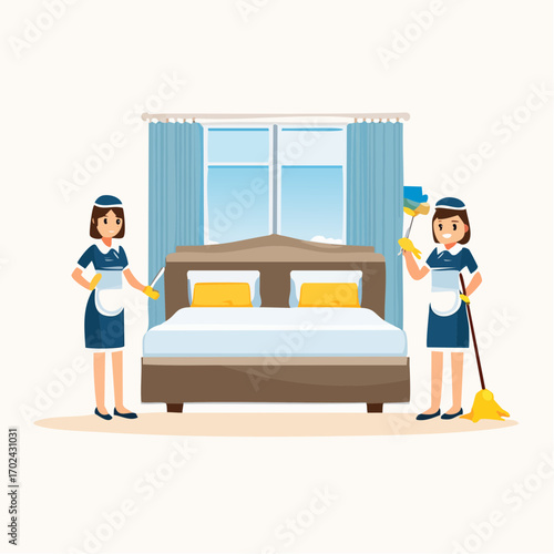 Two hotel maids in uniform cleaning a bedroom with a bed and window
