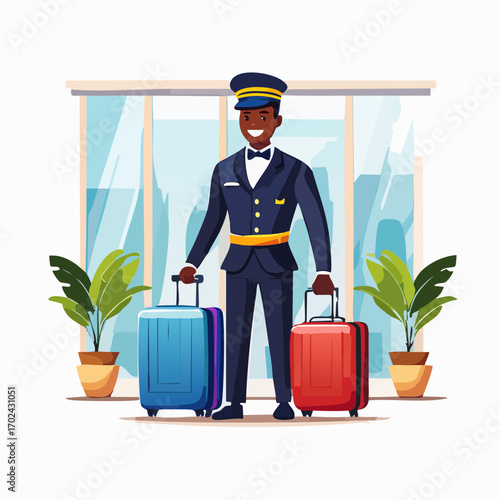 Smiling Bellhop in Uniform with Luggage at Modern Hotel Lobby