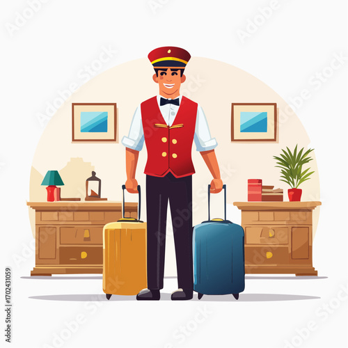 Smiling Hotel Bellhop with Gold and White Luggage in a Classic Lobby