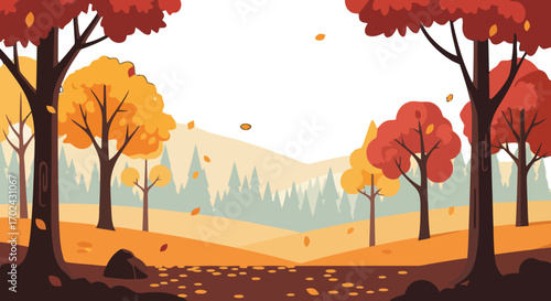 Autumn landscape with trees and falling leaves