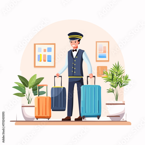 Hotel Bellhop with Three Colorful Suitcases Ready for Guests