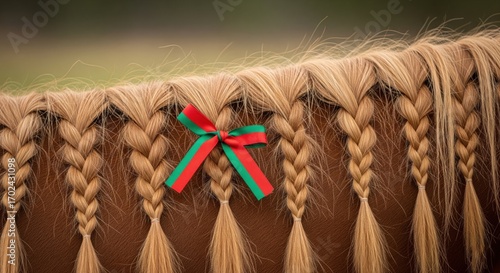 Close up of a horse's braided mane adorned with a festive red and green ribbon, creating a charming and elegant equestrian scene for celebration or decoration .
