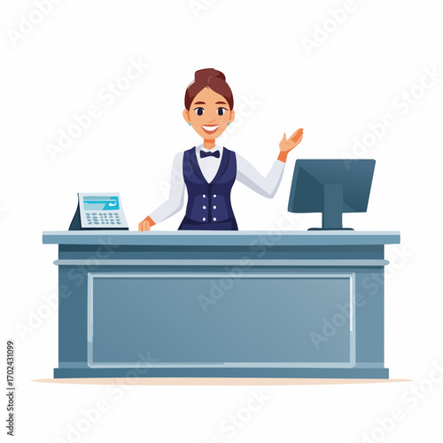 Smiling Hotel Receptionist with Bowtie Welcoming Guests at the Front Desk