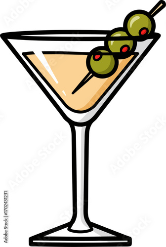 Minimalist Cartoon Martini Glass with Three Olives – Classic Cocktail Vector Illustration