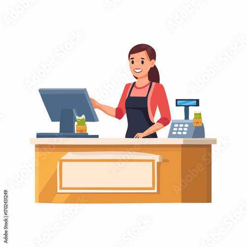 Smiling cashier in red shirt and black apron at checkout counter